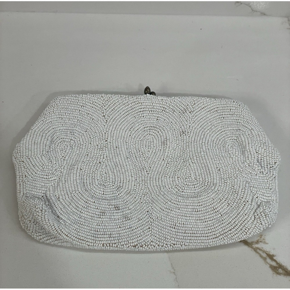 Vintage Beaded Clutch Handbag White Belgium Patterned Glass Seed MCM Kisslock